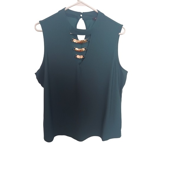 AUW Tops - AUW Womens Green Sleeveless Blouse Gold Coin Chain V-Neck Top Size Large